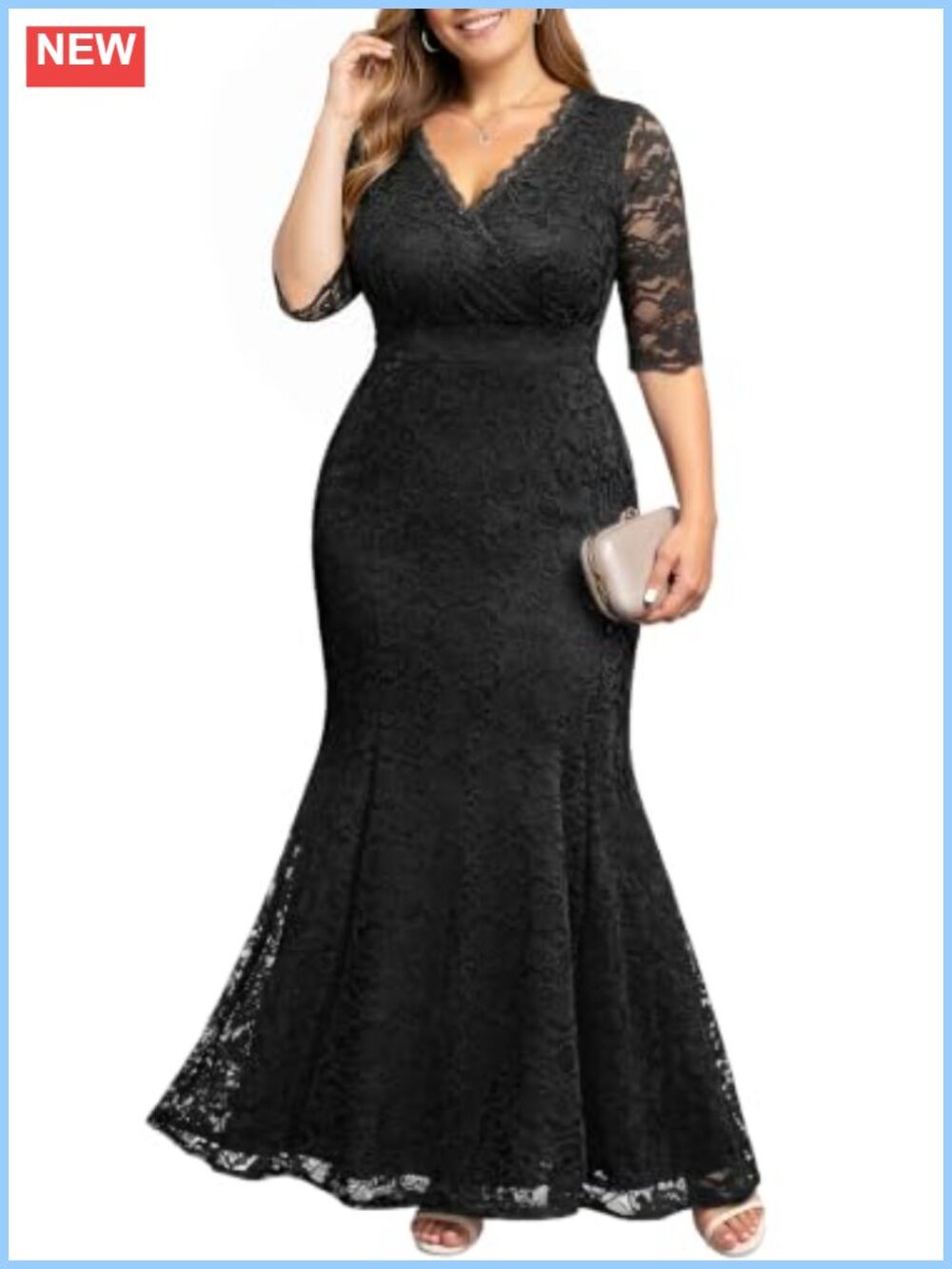 Lace Mermaid Formal Evening Gown Plus Size 3/4 Sleeve Wedding Guest Bridal Dress